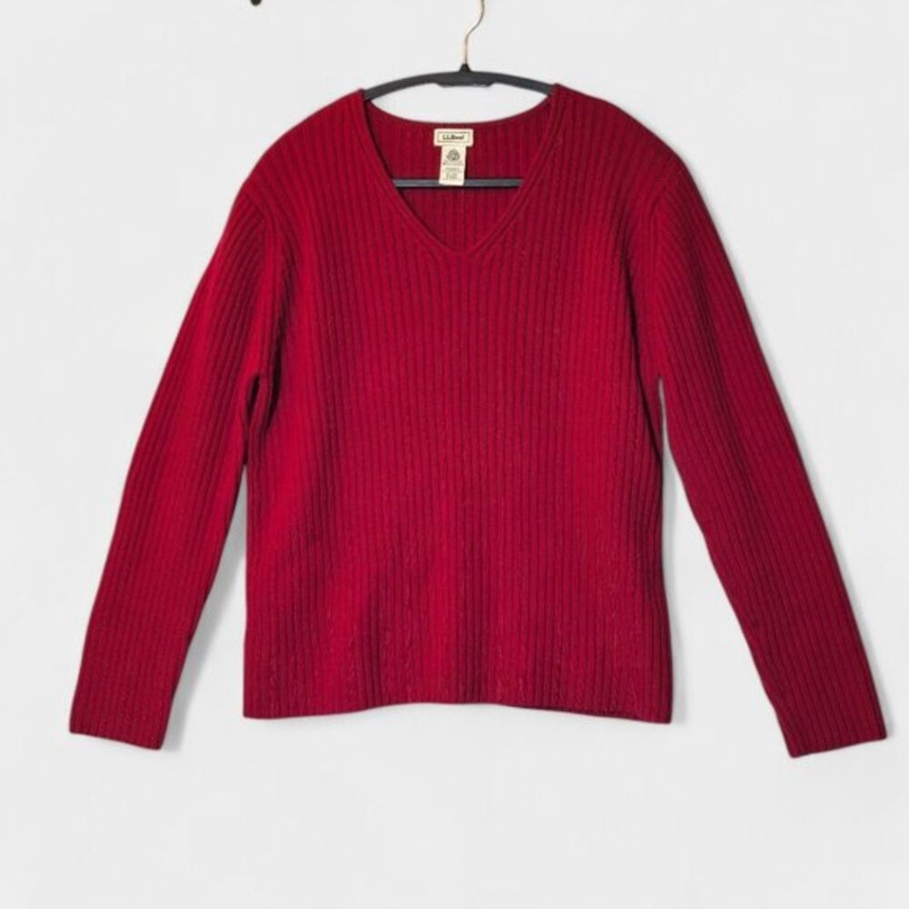 L.L.Bean Womens 100% Wool Ribbed V Neck Sweater XL Red Cozy Winter Comfort
